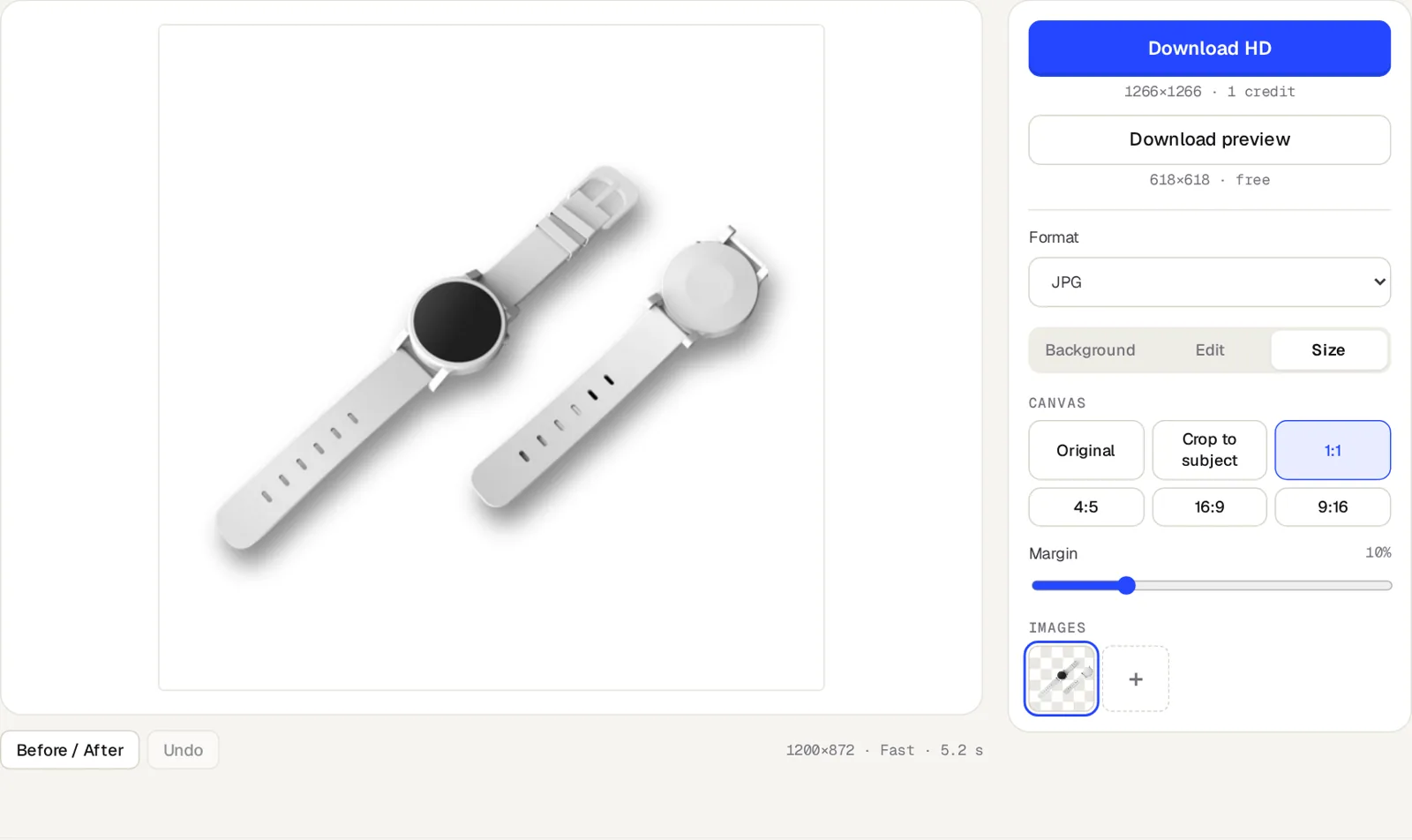 The bgless editor showing a smartwatch on a white 1:1 canvas with a 10% margin, shadow enabled and JPG selected
