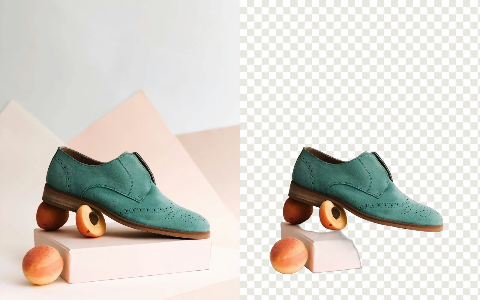 A suede shoe photographed on a set with props